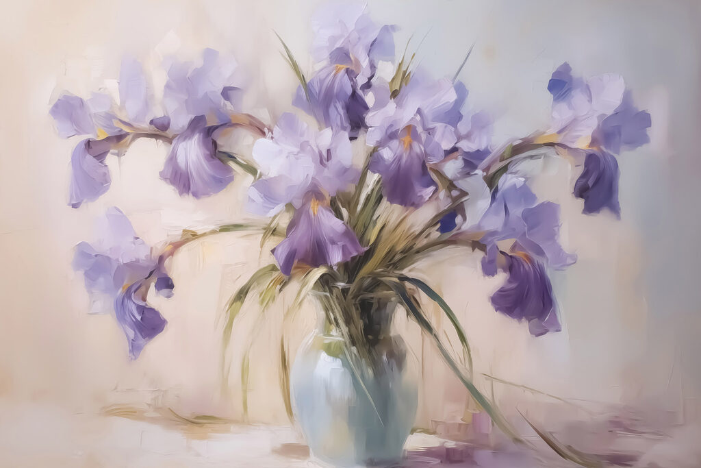 Painting of purple flowers in a vase