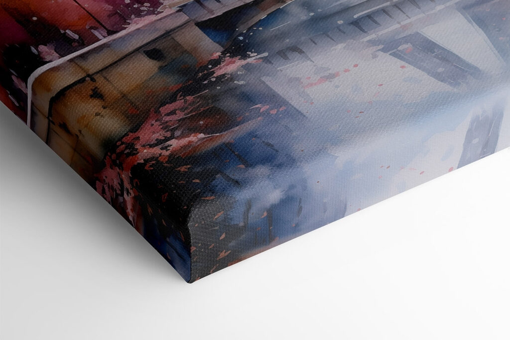 Watercolor painting of a tower with pink flowers and a bridge