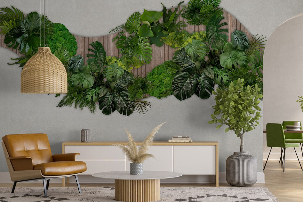 Group of green leaves on a wooden surface