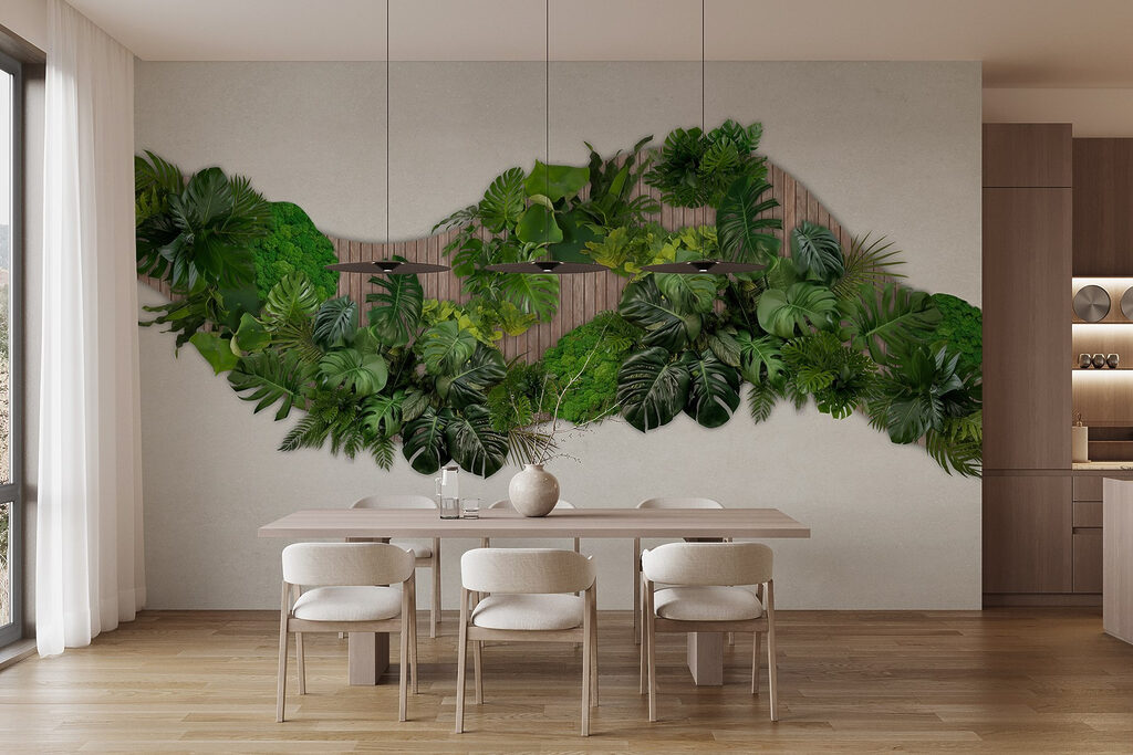 Group of green leaves on a wooden surface