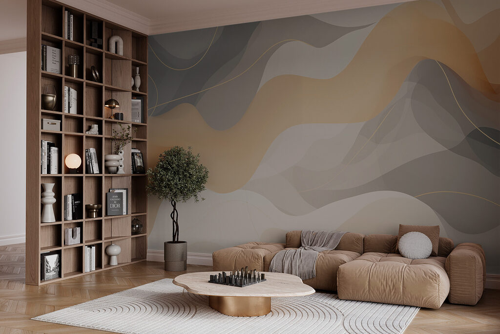 White and grey background with wavy lines