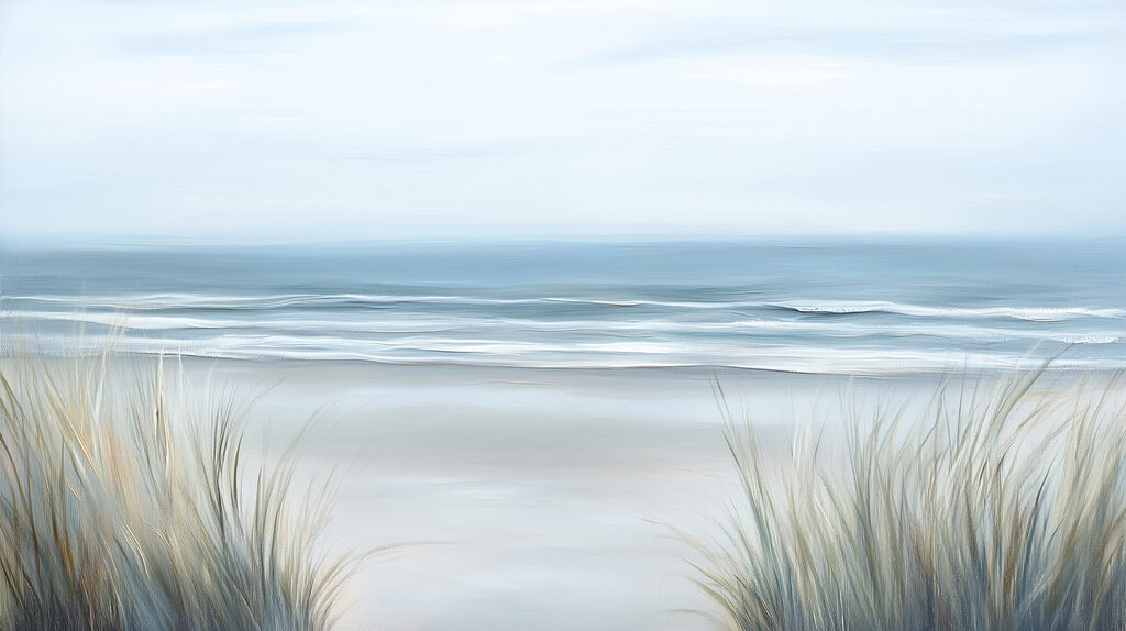 Beach with grass and waves