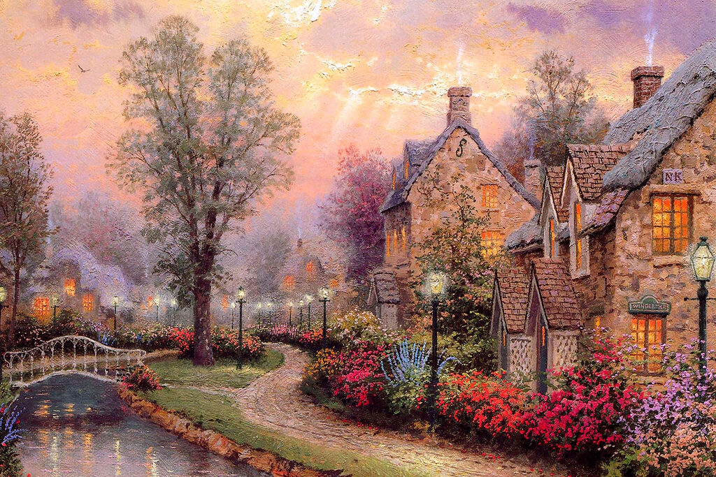 Painting of a house with flowers and a path Painting of a house with flowers and a path