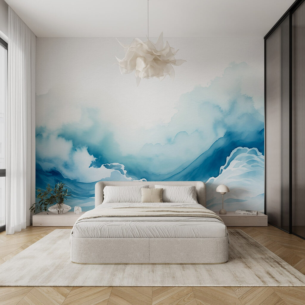 Watercolor of a mountain with clouds