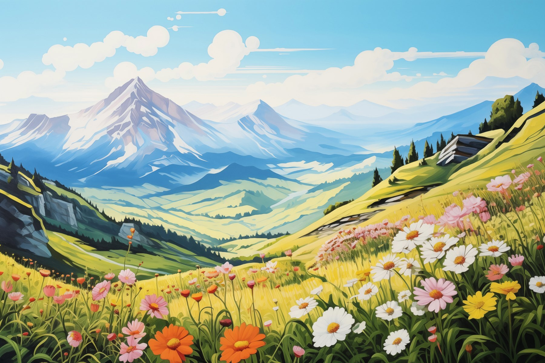Landscape with mountains and flowers Landscape with mountains and flowers