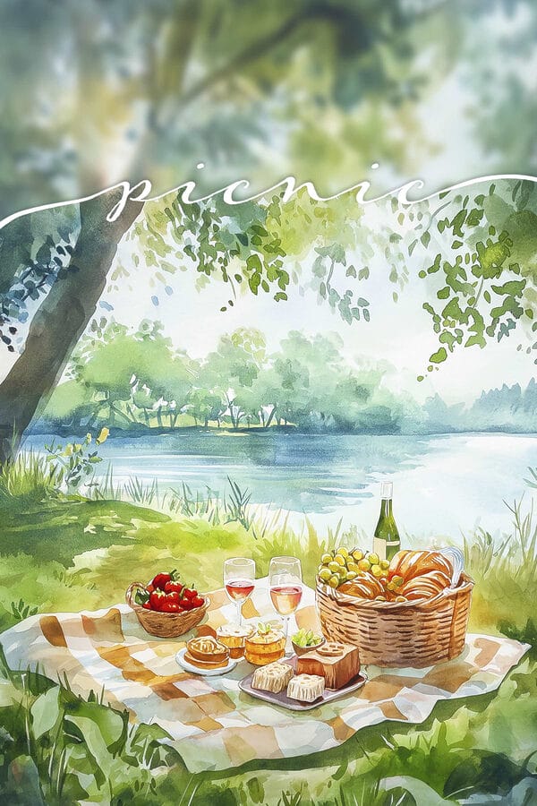 Akwarela przedstawiająca piknik z jedzeniem i winem na kocu nad jeziorem Akwarela przedstawiająca piknik z jedzeniem i winem na kocu nad jeziorem