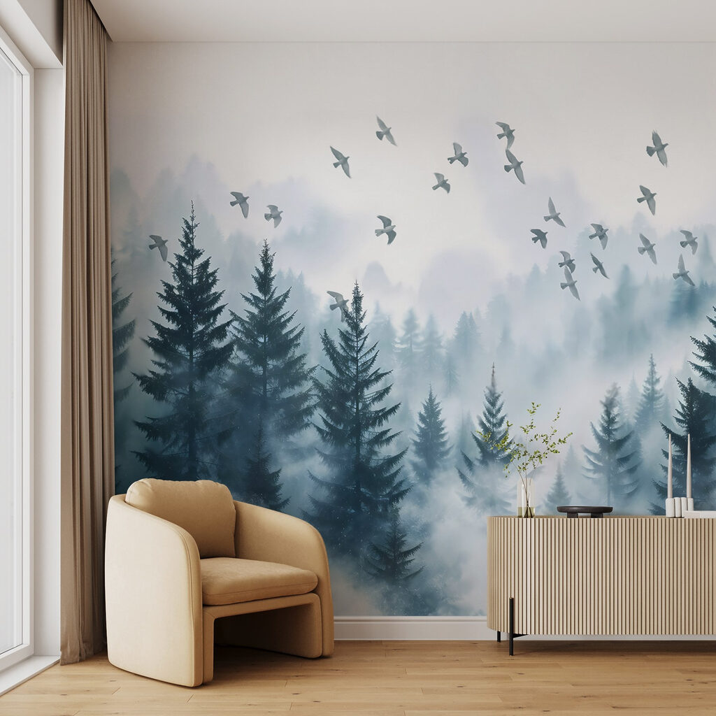 Birds flying over a forest