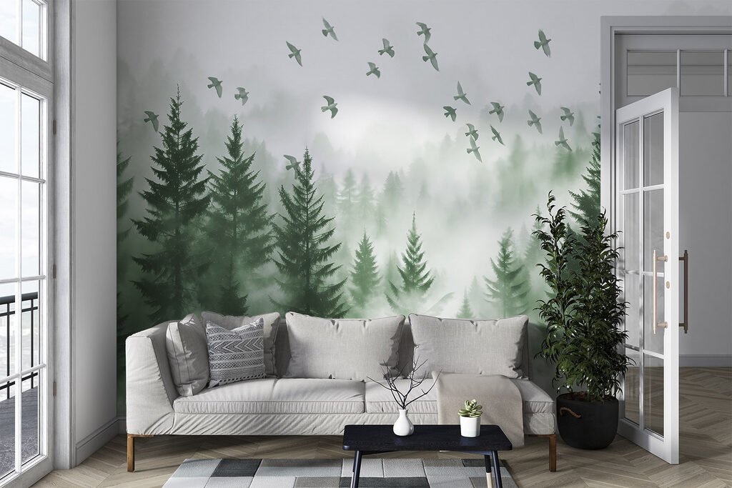 Birds flying over a forest