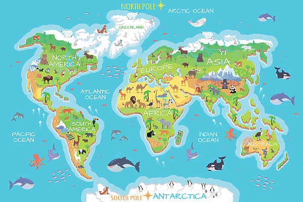 Map of the world with animals Map of the world with animals