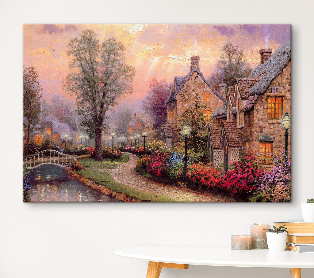 Painting of a house with flowers and a path Painting of a house with flowers and a path