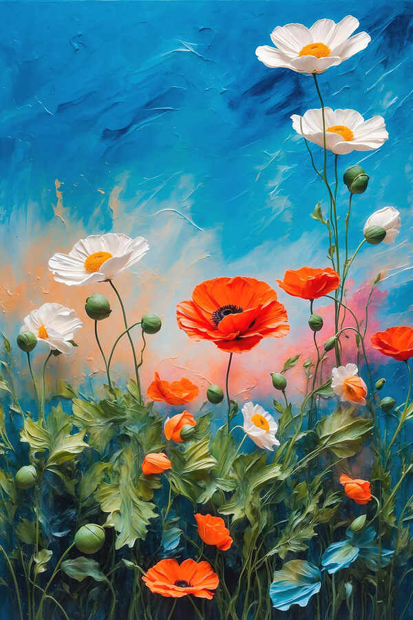 Painting of flowers on a blue background Painting of flowers on a blue background
