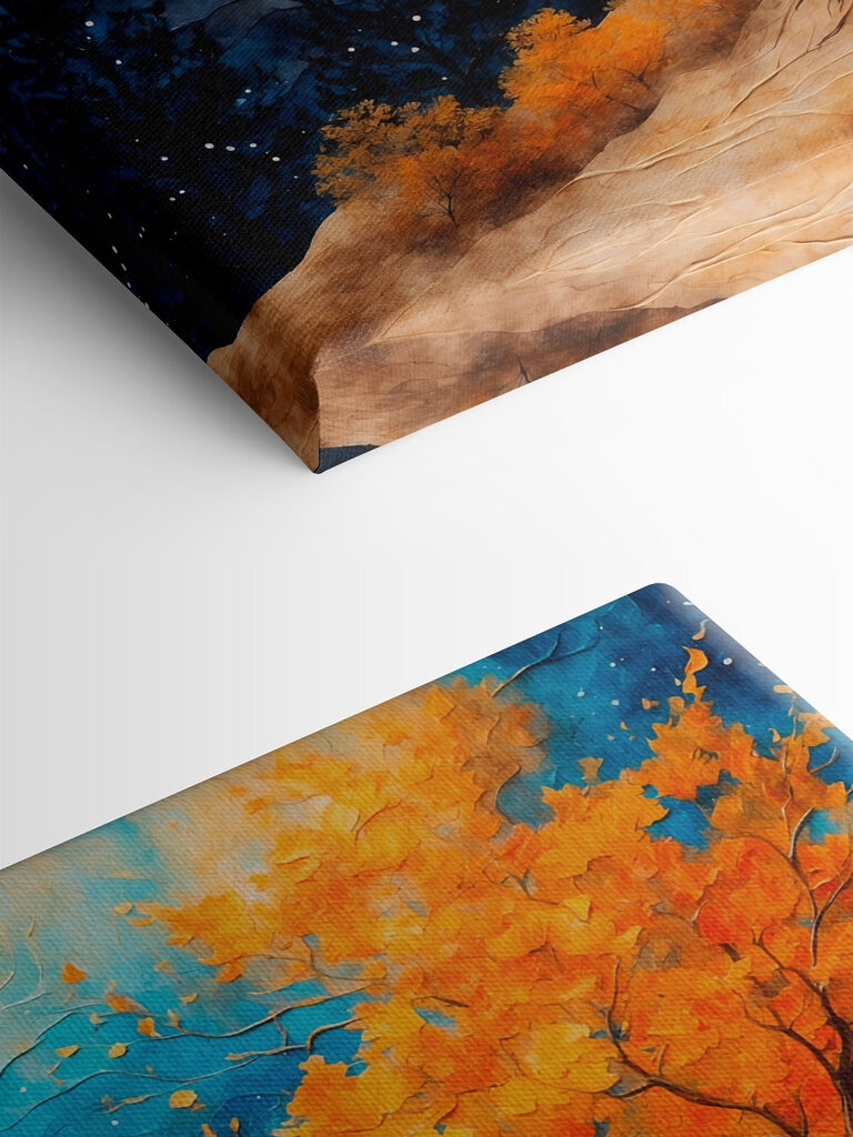 Painting of a tree with orange leaves and blue mountains