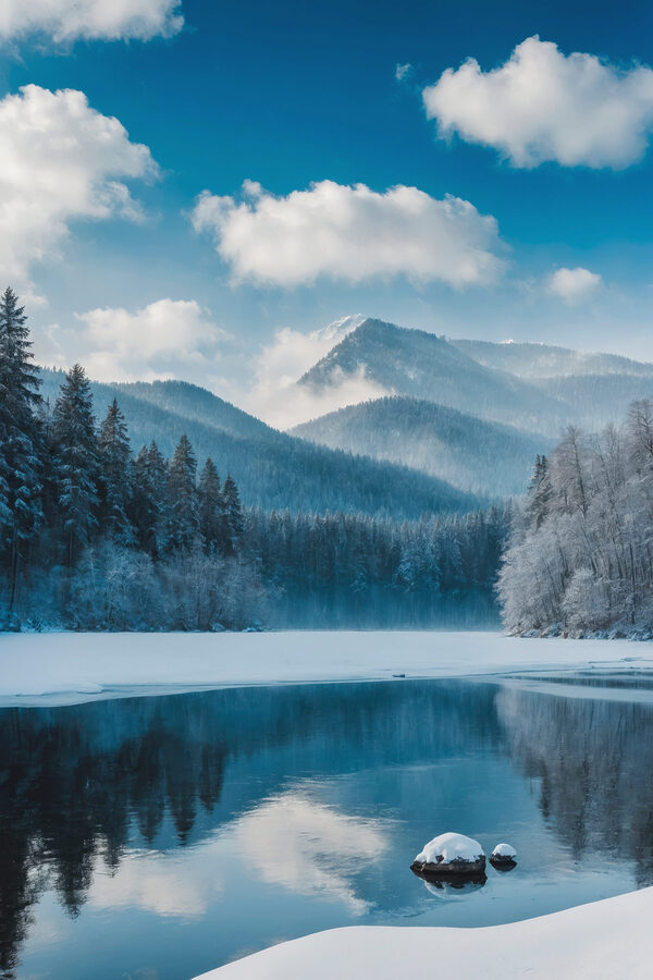 Jezioro ze śniegiem i drzewami w tle Jezioro ze śniegiem i drzewami w tle