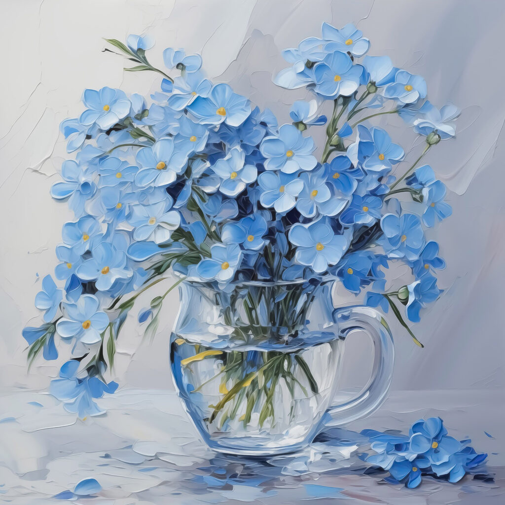 Painting of blue flowers in a glass vase