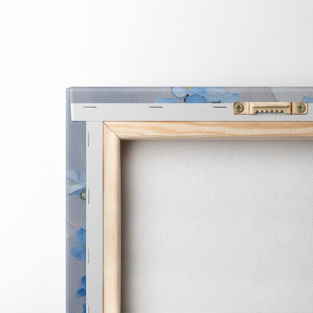 Painting of blue flowers in a glass vase