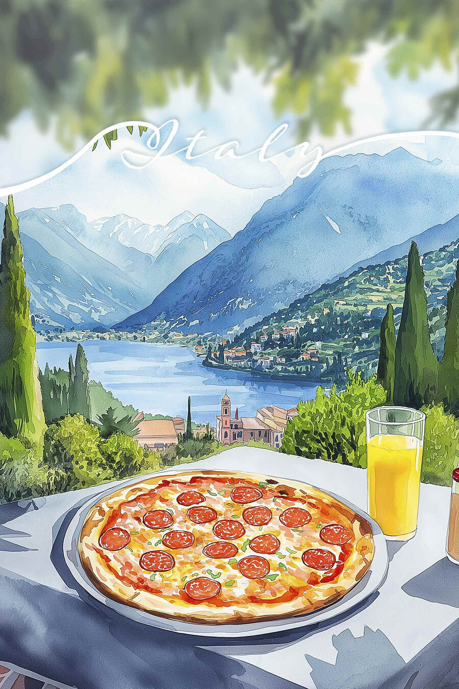Pizza i sok na stole z górami i drzewami Pizza i sok na stole z górami i drzewami