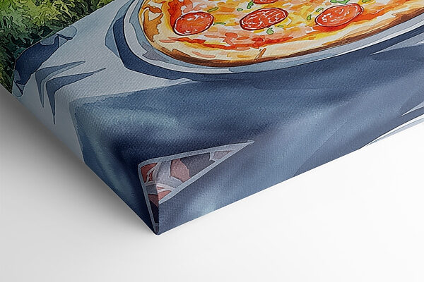 Pizza i sok na stole z górami i drzewami Pizza i sok na stole z górami i drzewami