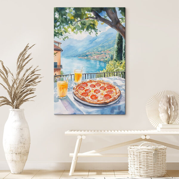 Akwarela przedstawiająca pizzę i napoje na stole Akwarela przedstawiająca pizzę i napoje na stole