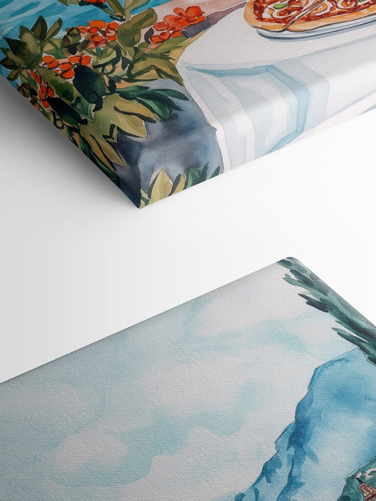 Watercolor painting of a table with food and a lake in the background