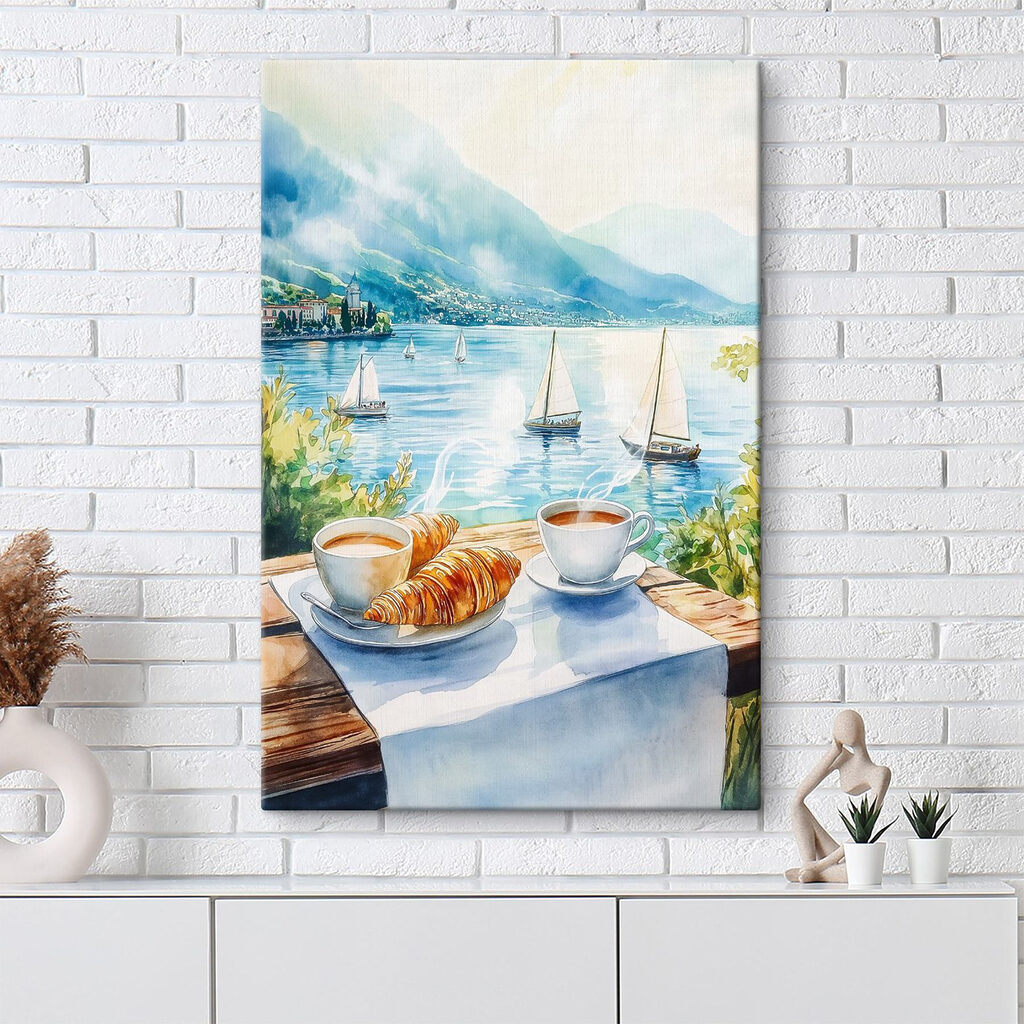Watercolor painting of a table with coffee and croissants on it