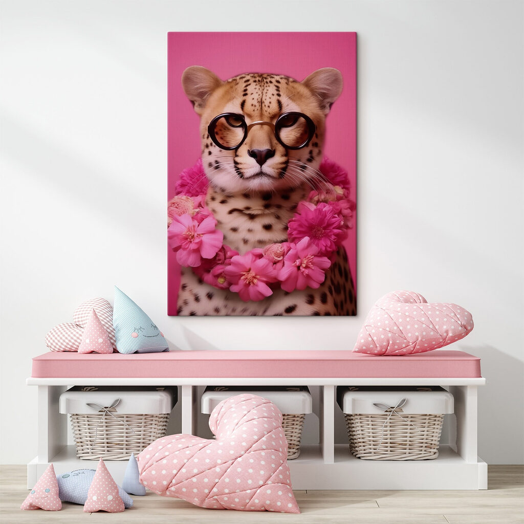 Leopard wearing glasses and a necklace of flowers