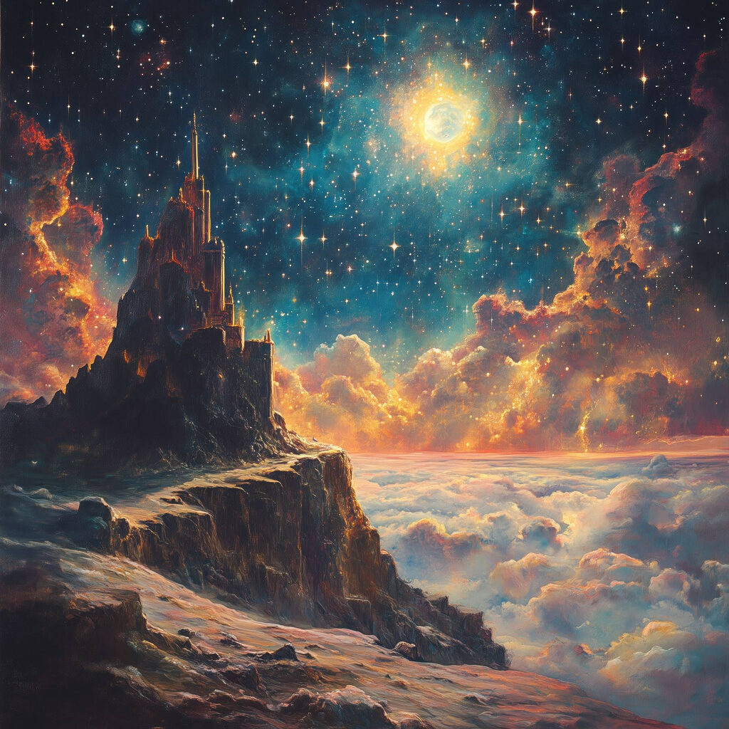 Mountain with a tower in the sky