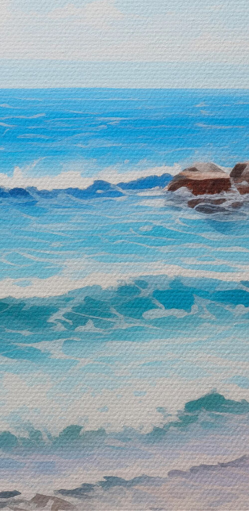 Painting of a beach with flowers and waves Painting of a beach with flowers and waves