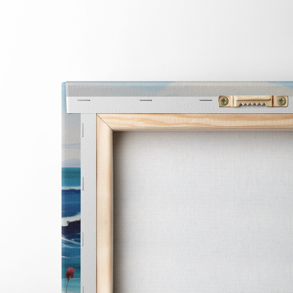 Painting of a beach with flowers and waves