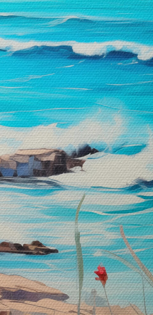 Painting of a beach with flowers and waves
