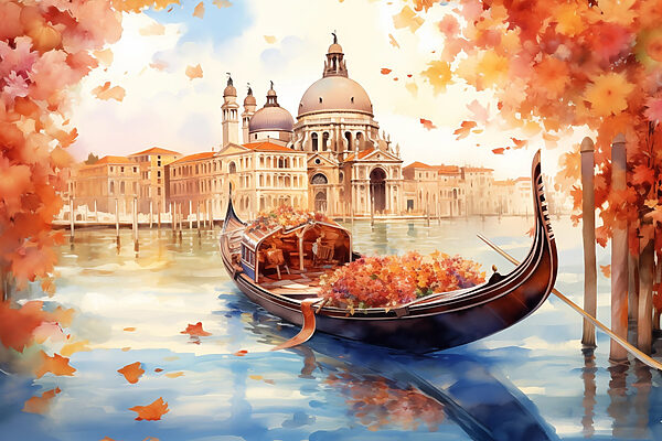 Gondola na wodzie z budynkiem w tle Gondola na wodzie z budynkiem w tle