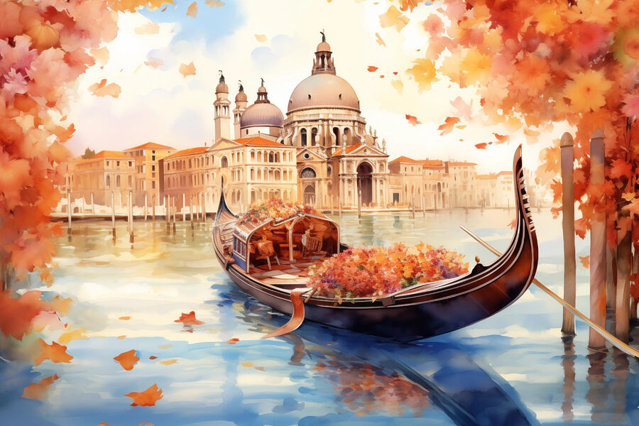 Gondola na wodzie z budynkiem w tle