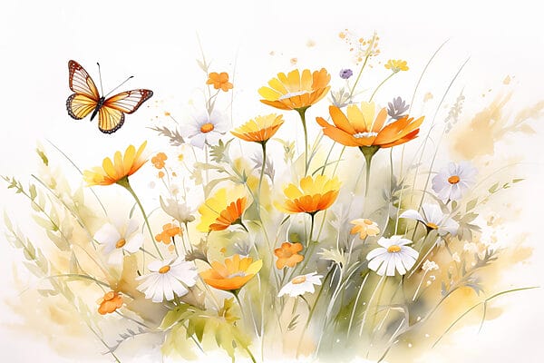 Motyl przelatujący nad żółtymi i białymi kwiatami Motyl przelatujący nad żółtymi i białymi kwiatami