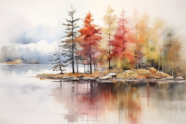 Watercolor painting of trees and rocks on a lake Watercolor painting of trees and rocks on a lake