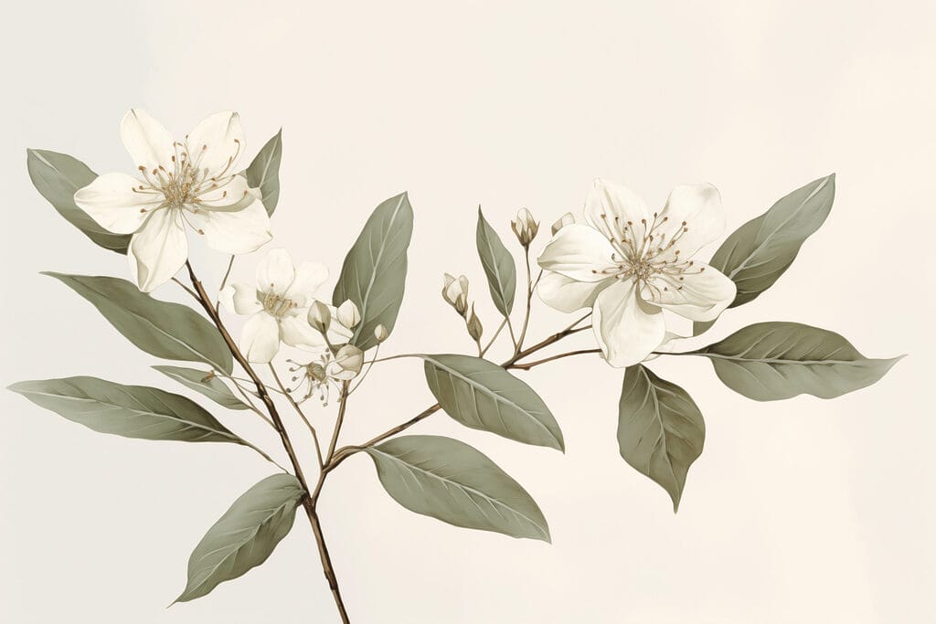White flowers and leaves on a branch