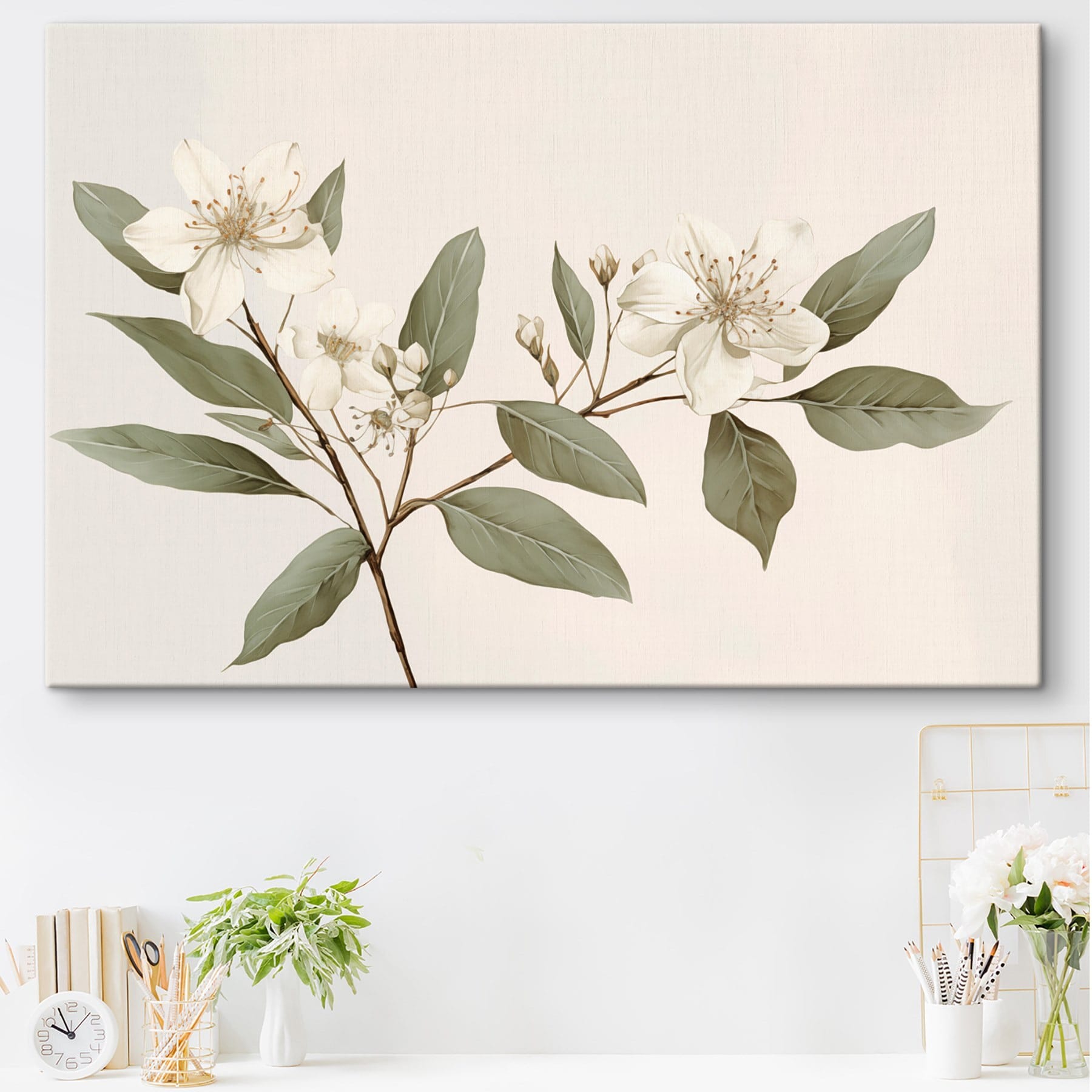 White flowers and leaves on a branch