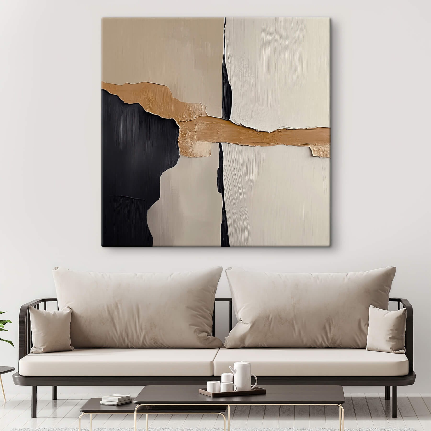 Black and white wall with a brown strip