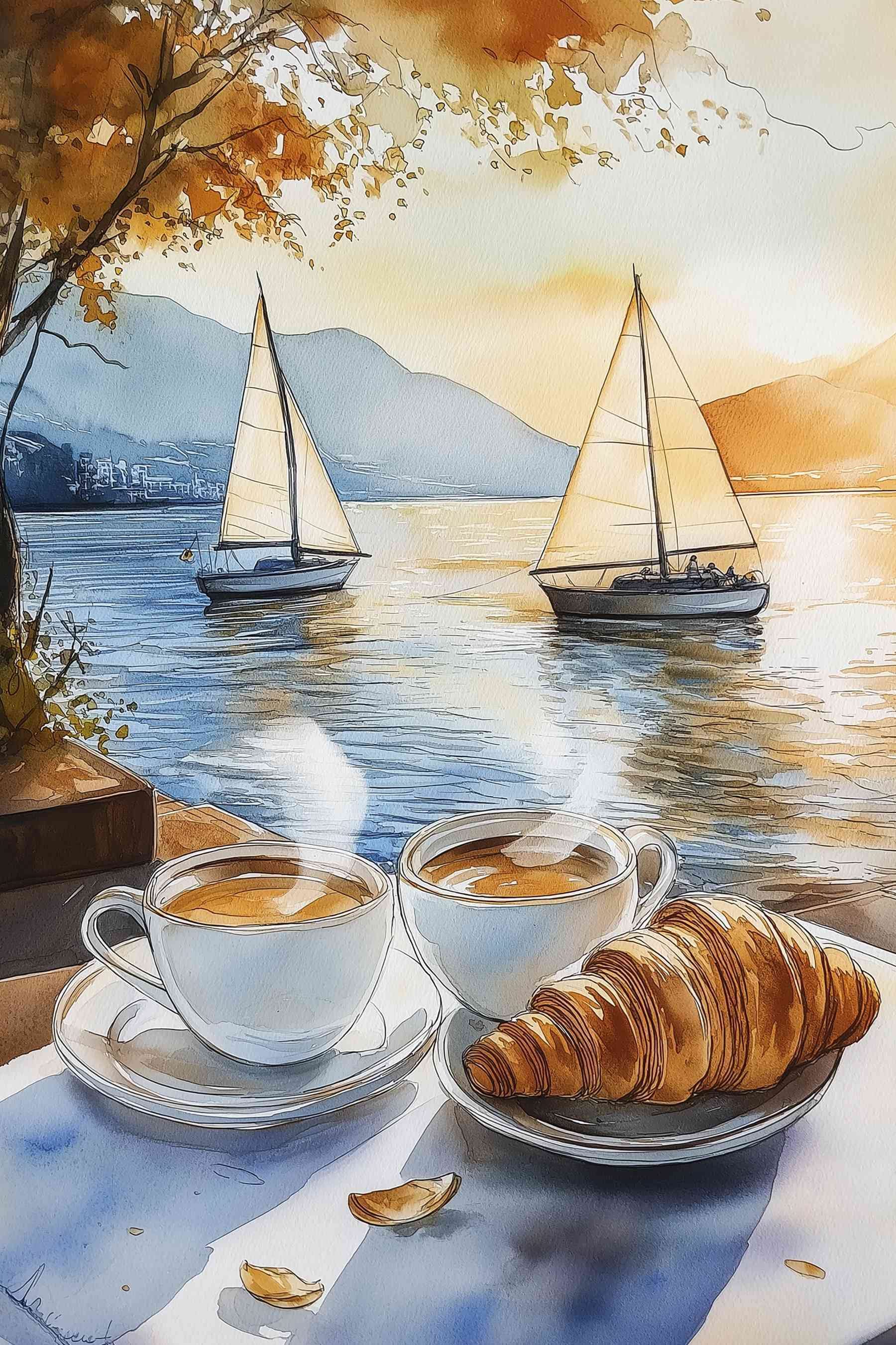 Watercolor of two cups of coffee and a croissant on a table