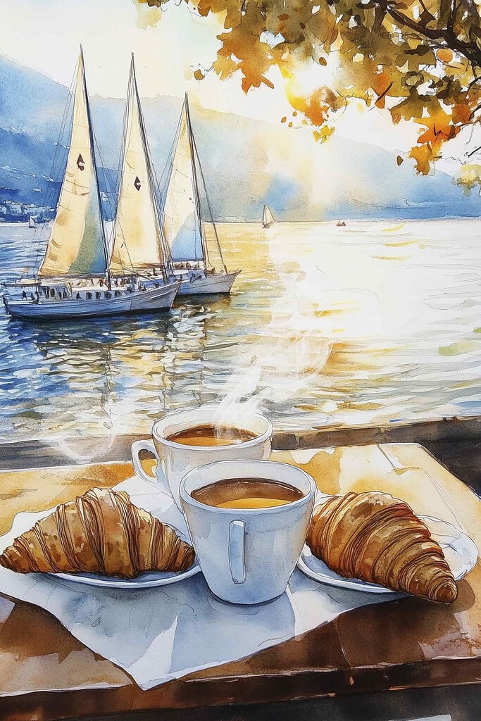 Watercolor painting of a table with coffee and croissants Watercolor painting of a table with coffee and croissants
