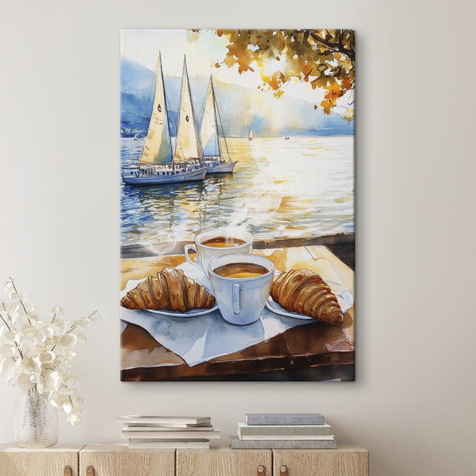 Watercolor painting of a table with coffee and croissants Watercolor painting of a table with coffee and croissants