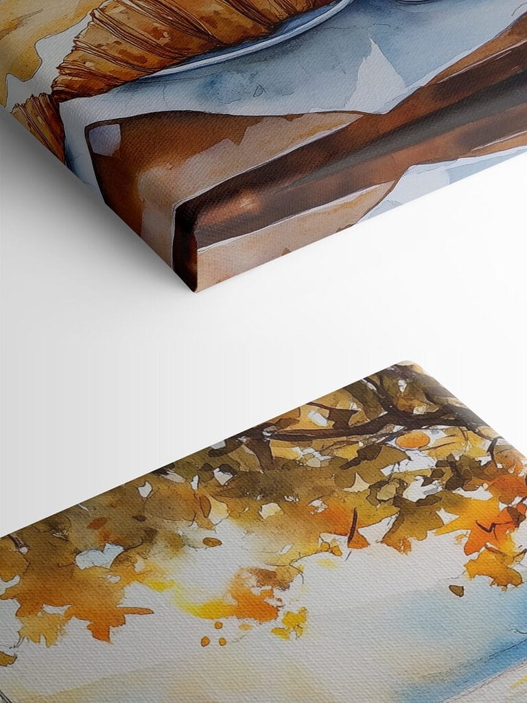 Watercolor painting of a table with coffee and croissants Watercolor painting of a table with coffee and croissants