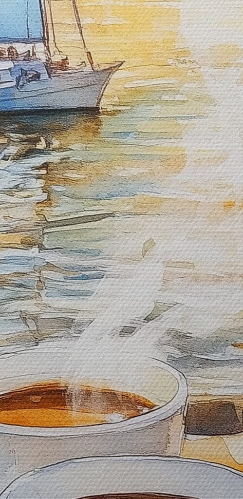 Watercolor painting of a table with coffee and croissants Watercolor painting of a table with coffee and croissants