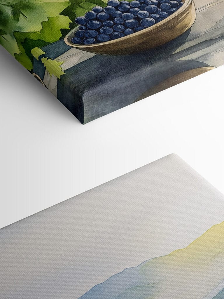 Painting of wine glasses and grapes on a table in front of a vineyard