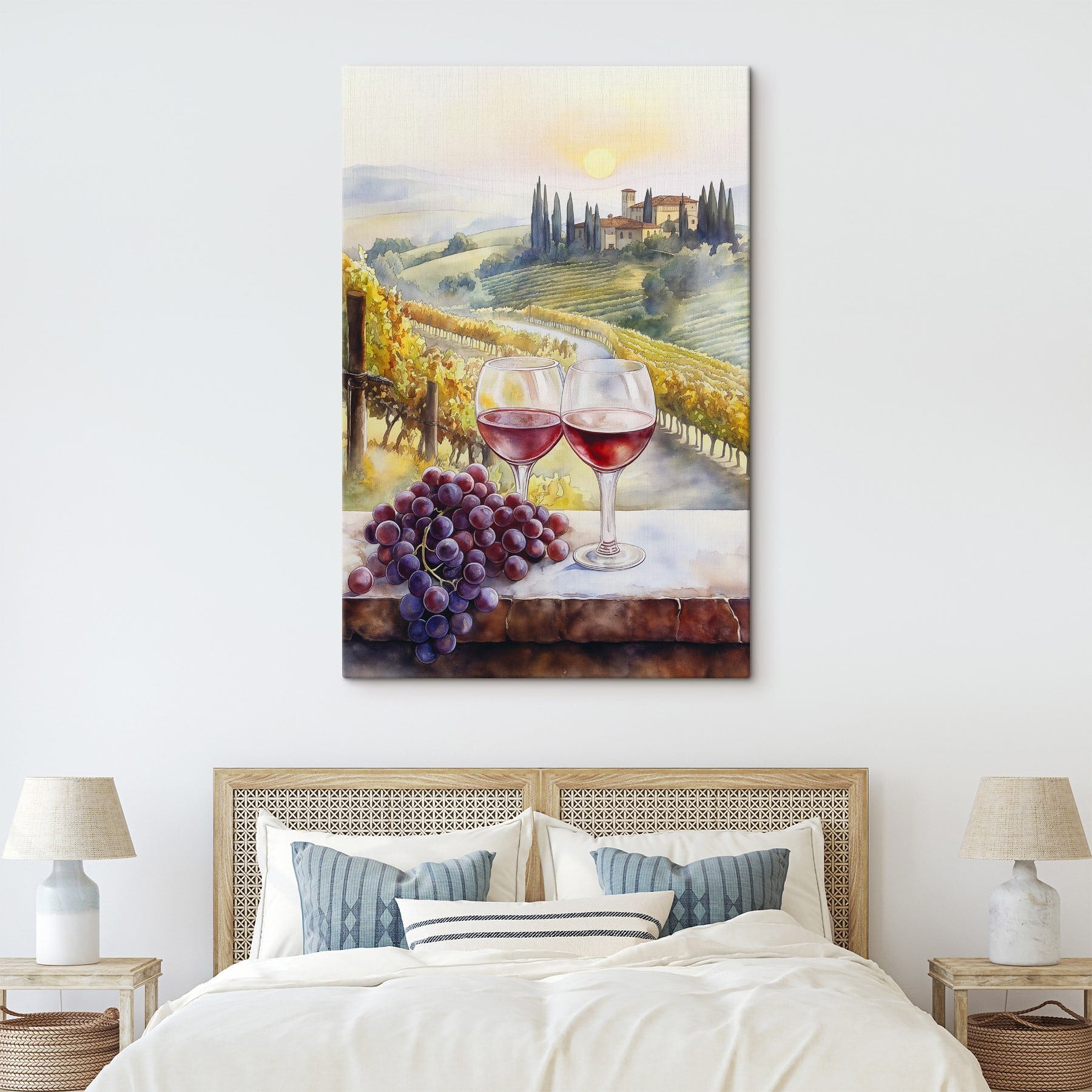 Watercolor painting of wine glasses and grapes