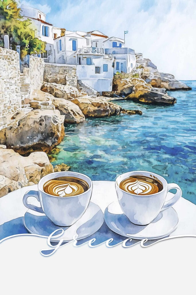 Two cups of coffee on a table by the water