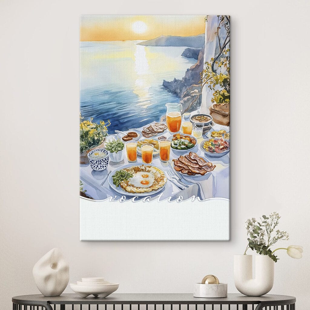 Table with food on it by water Table with food on it by water