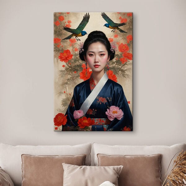 Kobieta w kimonie z kwiatami i ptakami Kobieta w kimonie z kwiatami i ptakami