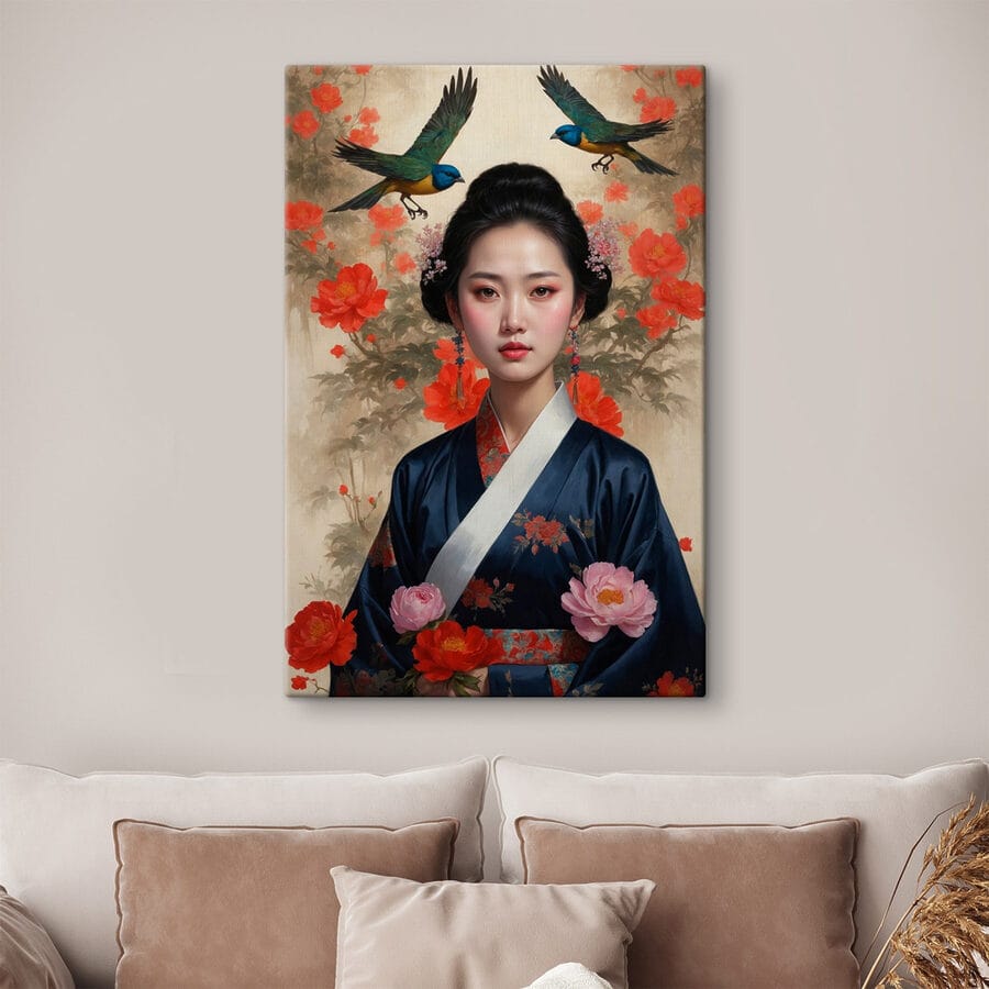 Kobieta w kimonie z kwiatami i ptakami Kobieta w kimonie z kwiatami i ptakami