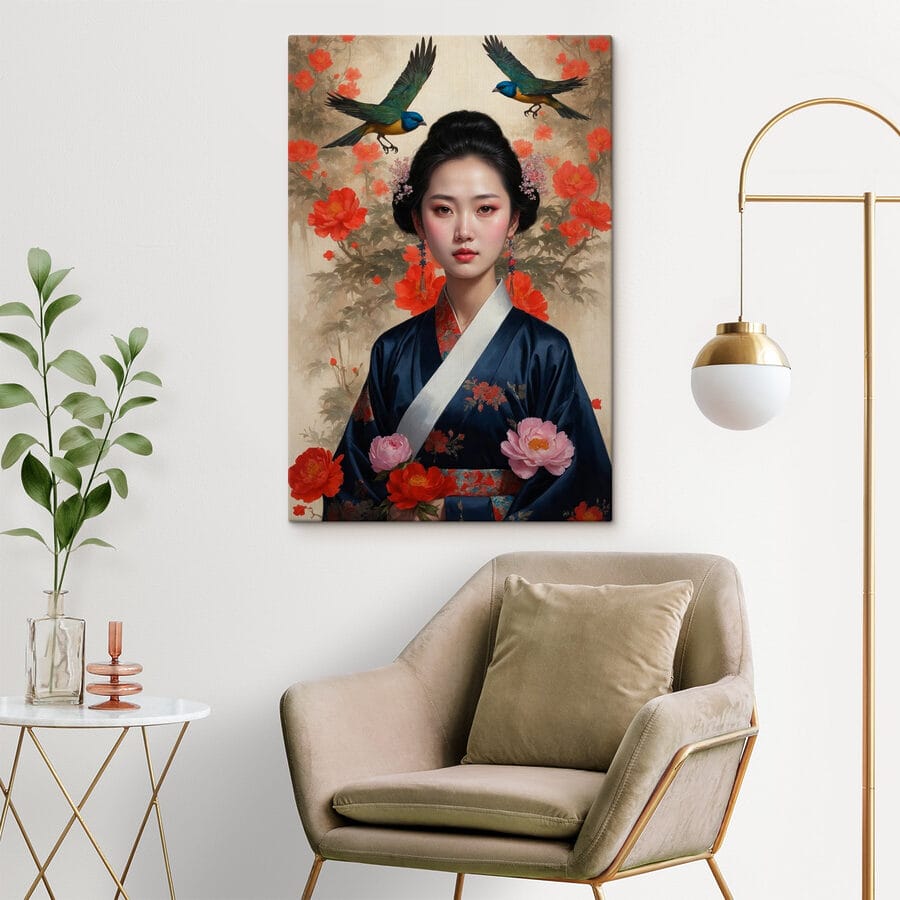 Kobieta w kimonie z kwiatami i ptakami Kobieta w kimonie z kwiatami i ptakami