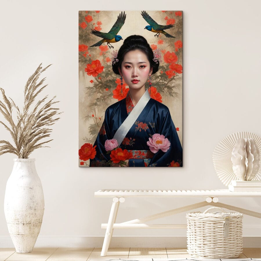 Kobieta w kimonie z kwiatami i ptakami Kobieta w kimonie z kwiatami i ptakami