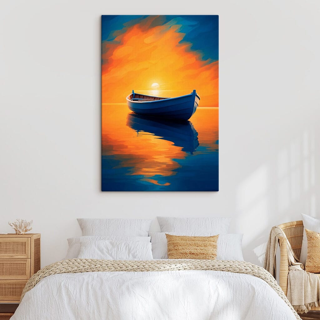 Boat on water with sunset in the background